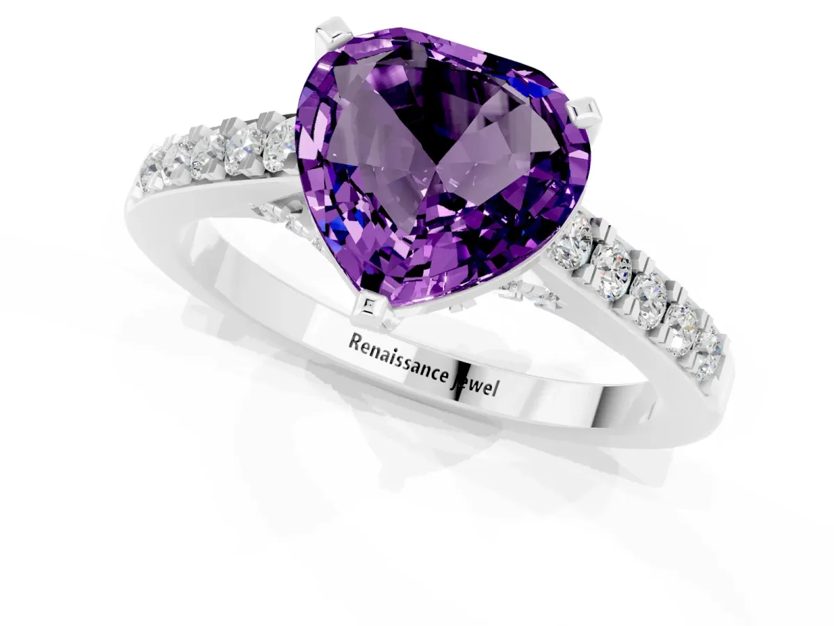 Heart Cut Amethyst Solitaire Ring with Crossover Gallery and Round Pavé Band Silver