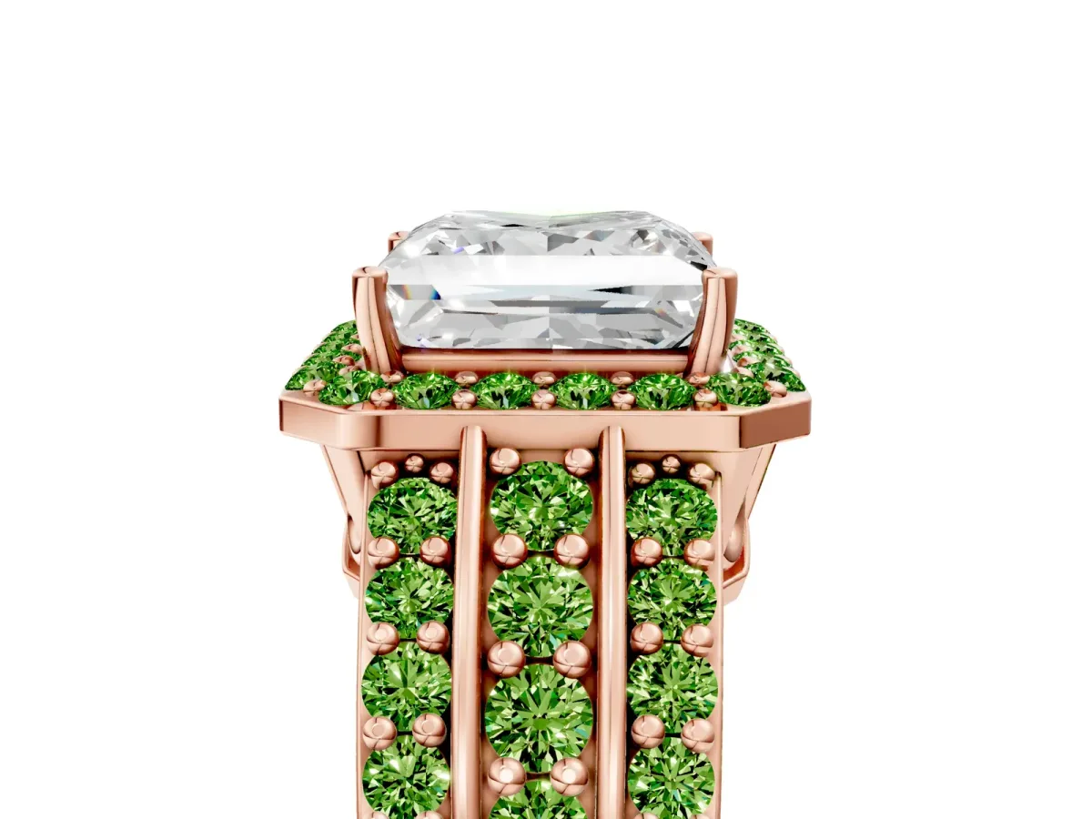 Princess Cut Halo Diamond Ring with Round Peridot Split Shank and Prong Setting Rose gold
