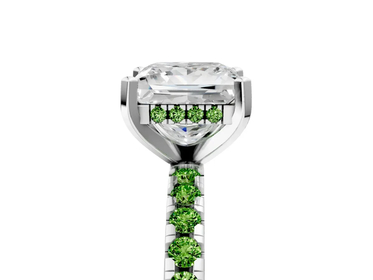 Princess Cut Diamond Solitaire Ring with Round Peridot Pavé Band and Four-Prong Setting Silver