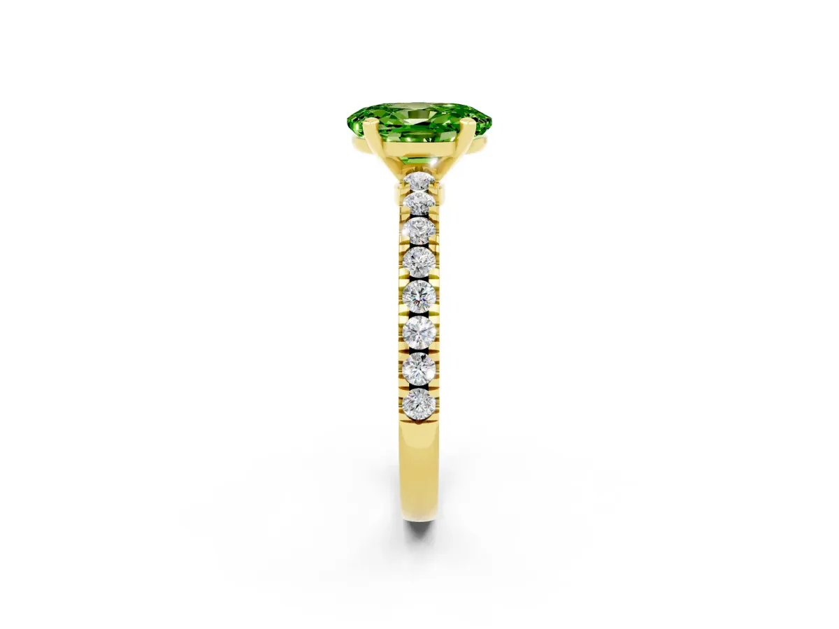 Oval Cut Solitaire Peridot with Pavé Band and Four-Prong Setting Yellow gold