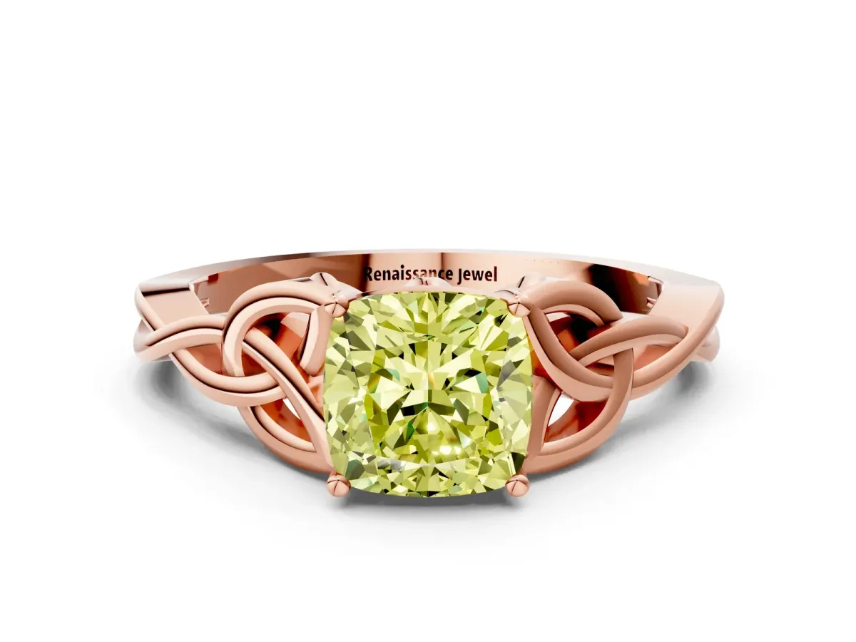 Fancy Yellow Cushion Cut Diamond Solitaire Celtic Knot Ring with Four-Prong Setting Rose gold