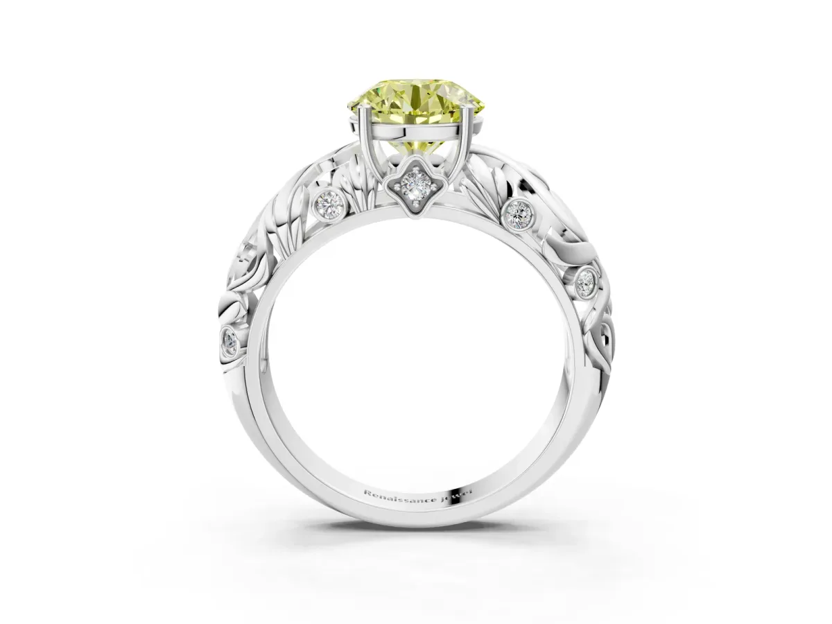 Fancy Yellow Round Cut Solitaire Diamond Leaf-Inspired Vine Band Ring with Prong Setting Silver