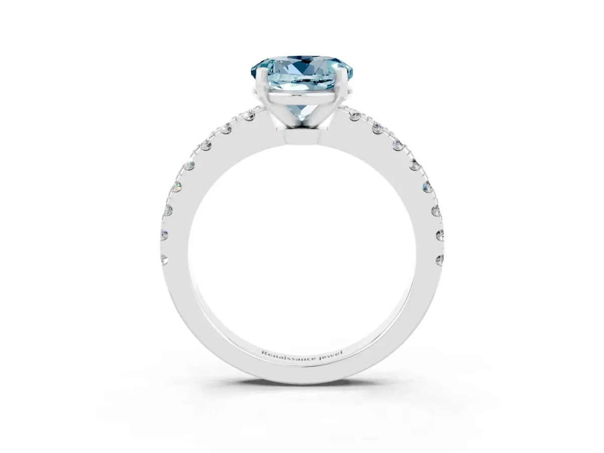 Round Cut Solitaire Aquamarine with Pavé Band and Four-Prong Setting Silver