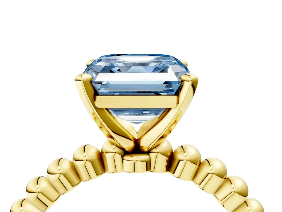 Fancy Blue Asscher Cut Diamond Solitaire Ring with Beaded Band and Prong Setting Yellow gold