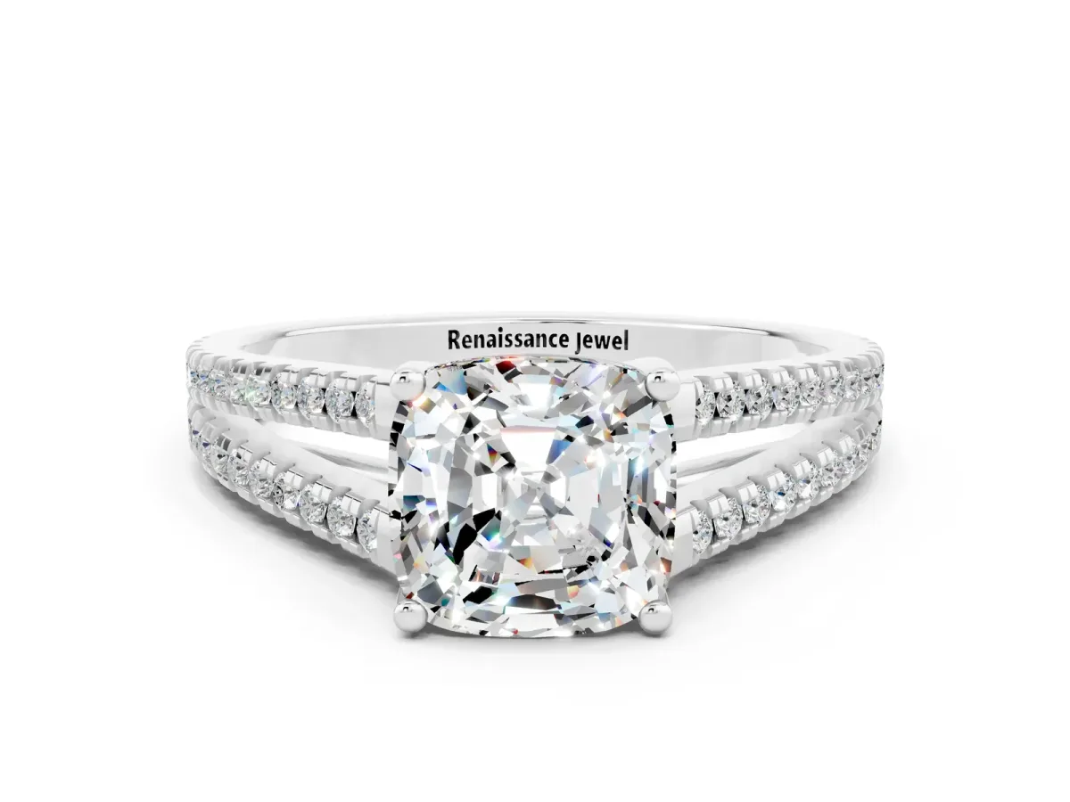 Cushion Cut Moissanite Solitaire Engagement Ring with Split Shank Pavé Band Silver
