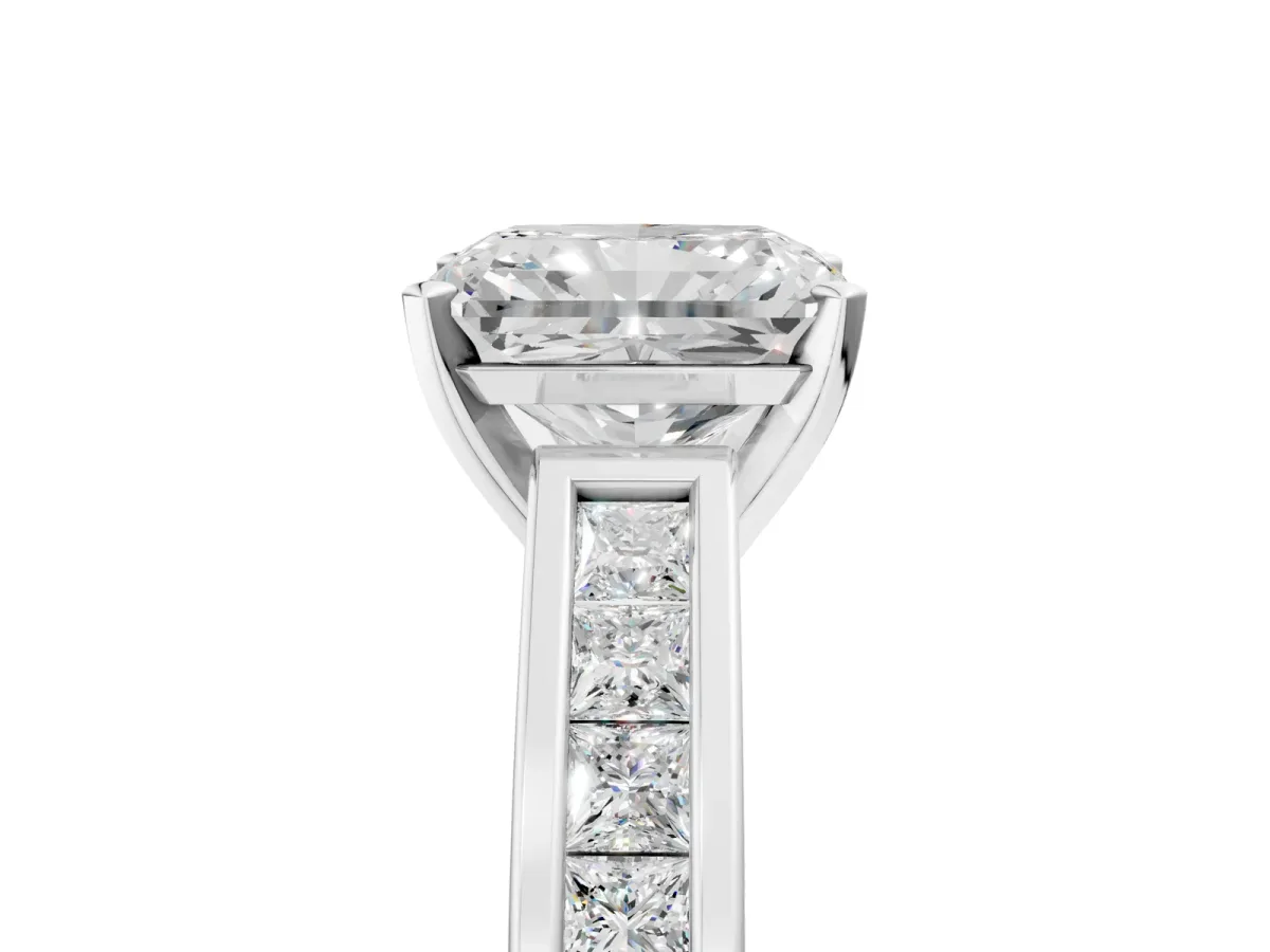 Radiant Cut Solitaire Diamond Ring with Channel-Set Band and Four-Prong Setting Platinum