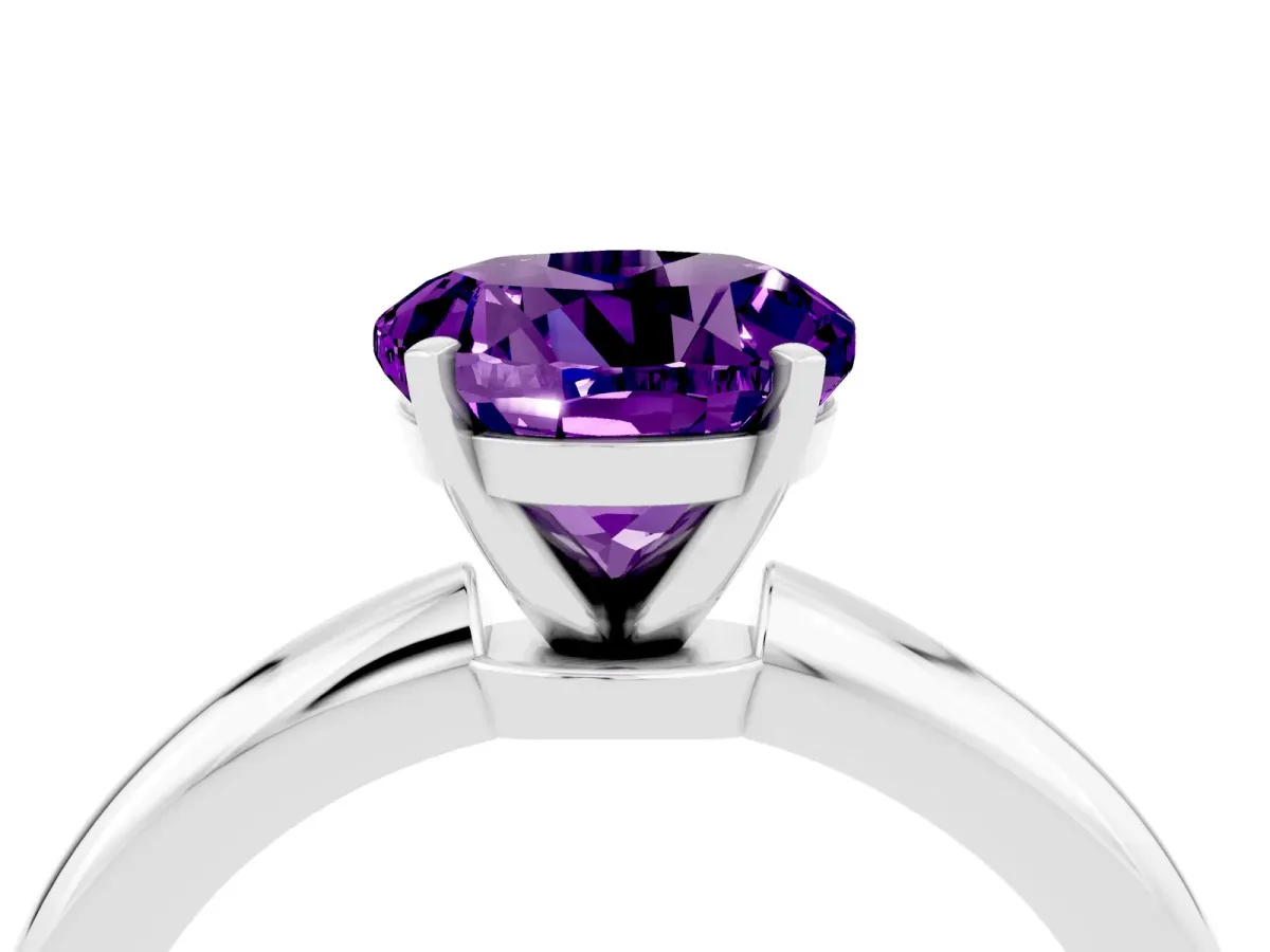 Round Cut Amethyst Solitaire Ring with Six-Prong Setting and Classic Band Silver