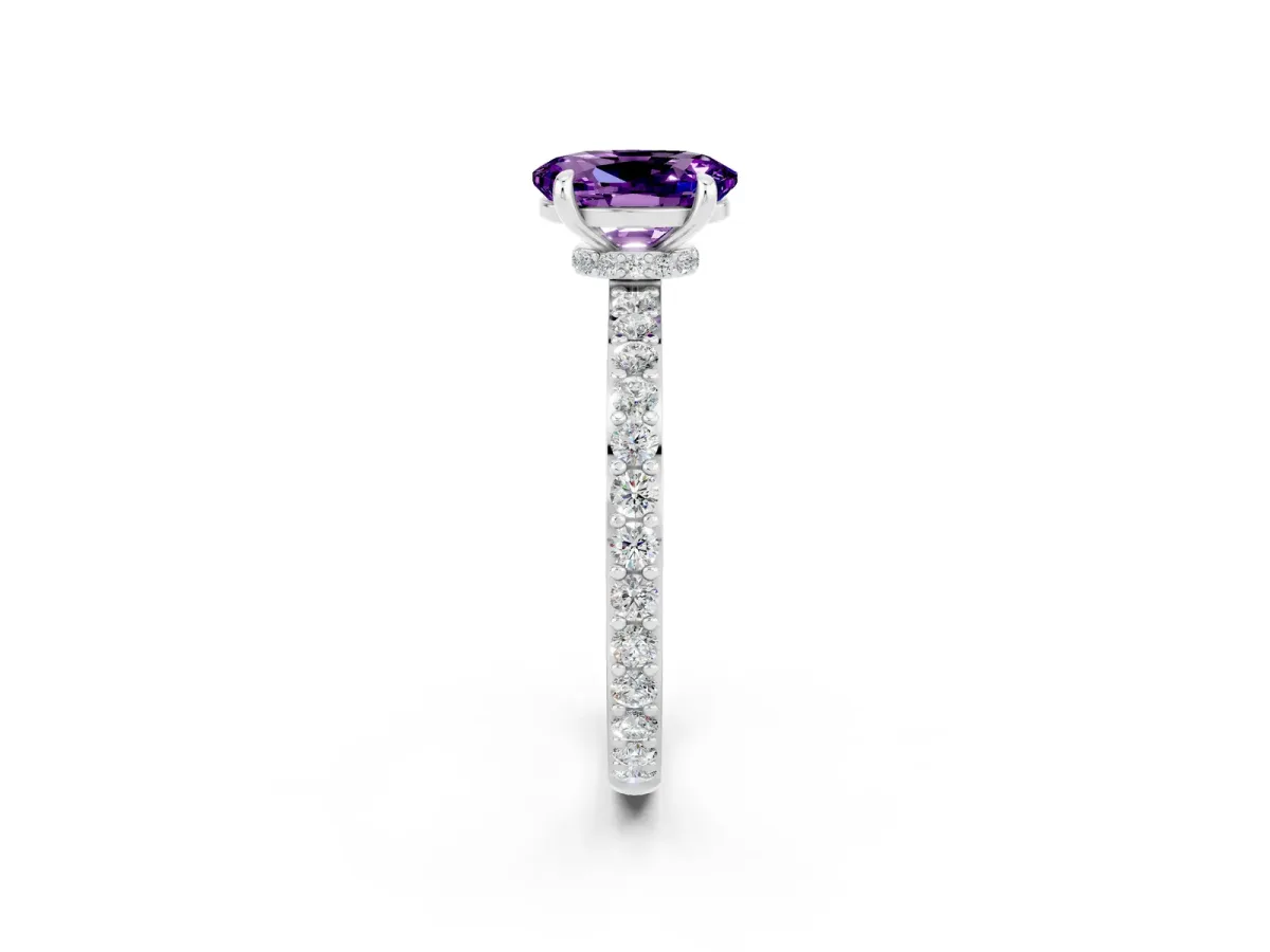 Oval Cut Amethyst Solitaire Engagement Ring with Pavé Band and Four-Prong Setting Silver