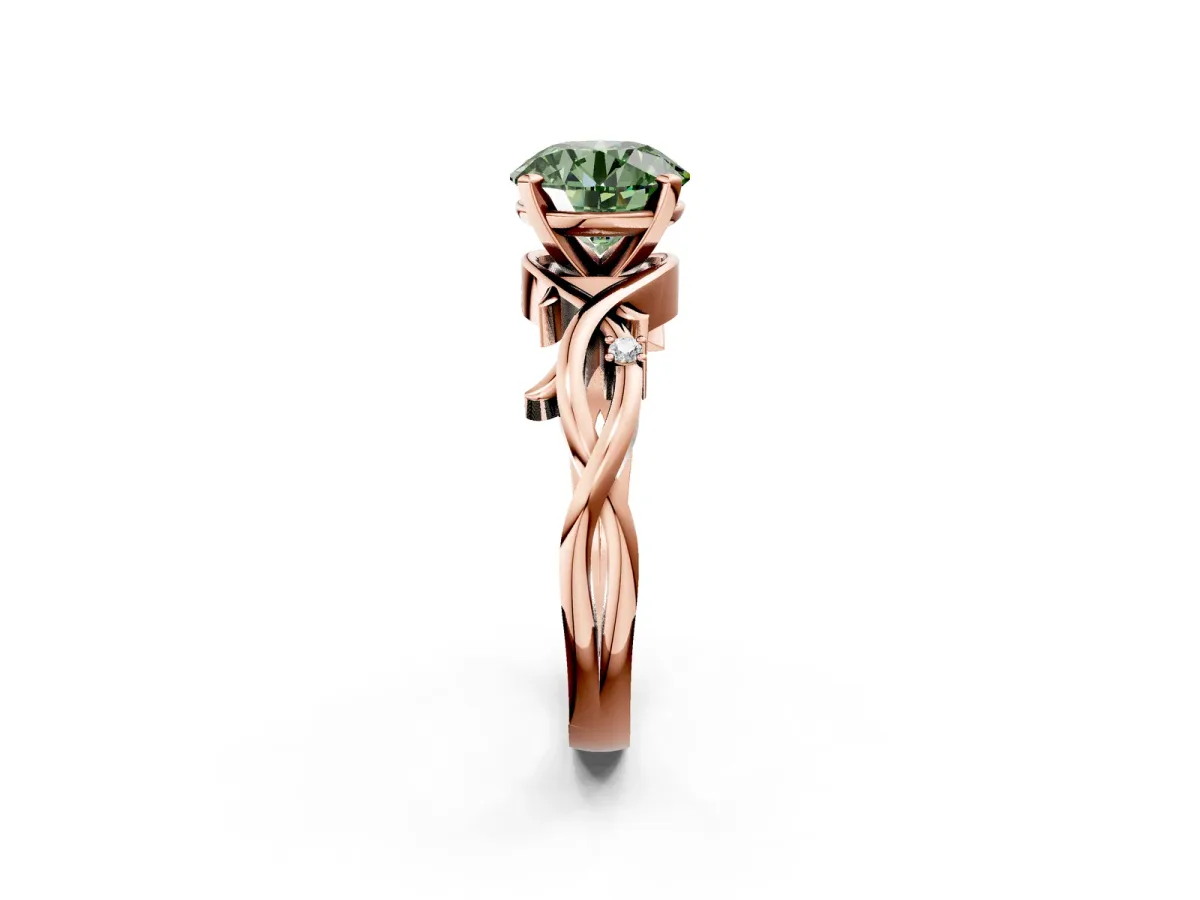 Fancy Green Round Cut Diamond Solitaire Ring with Twisted Band and Prong Setting Rose gold