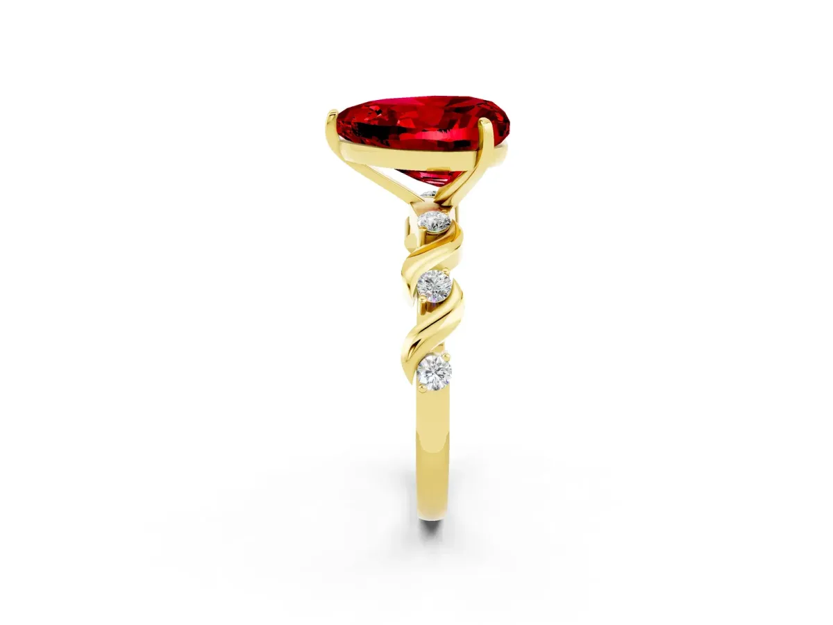 Heart Cut Ruby Solitaire Twisted Band with Round Accents and Prong Setting Yellow gold
