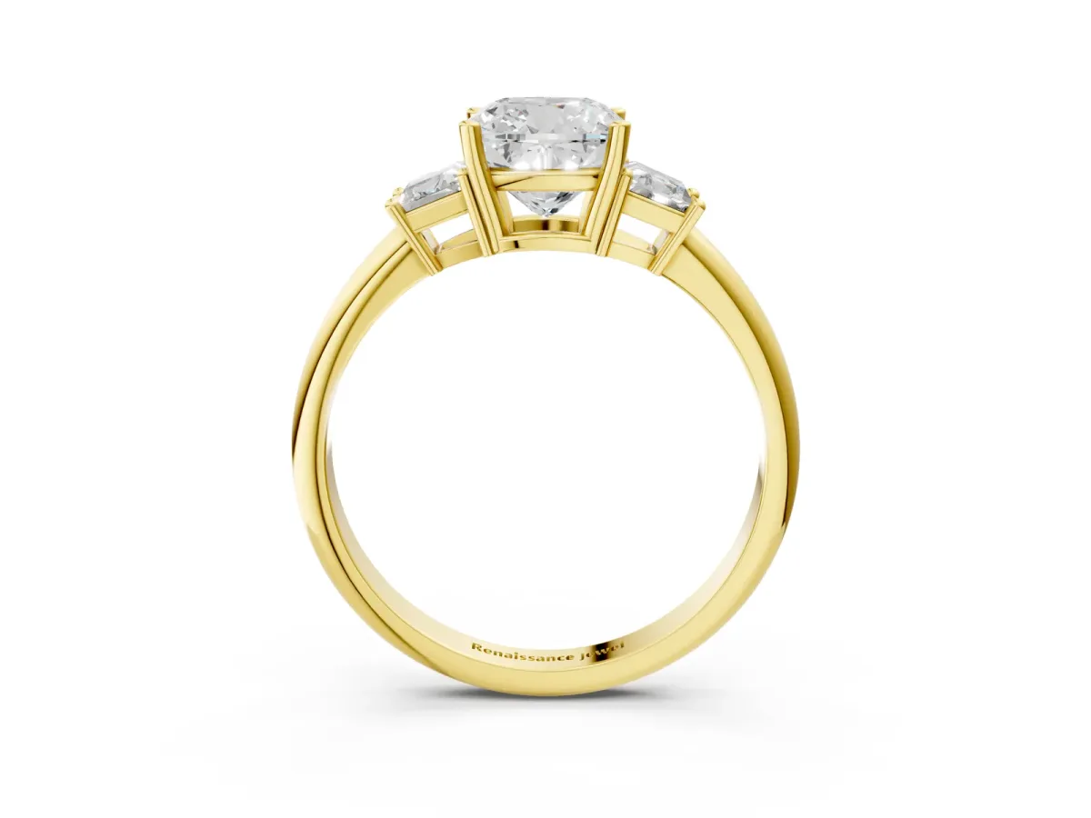 Cushion Cut Diamond Three-Stone Ring with Trapezoid Side Stones and Prong Setting Yellow gold