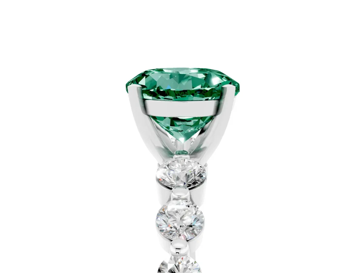 Round Cut Solitaire Green Sapphire Ring with Pave Band and Four-Prong Setting Silver