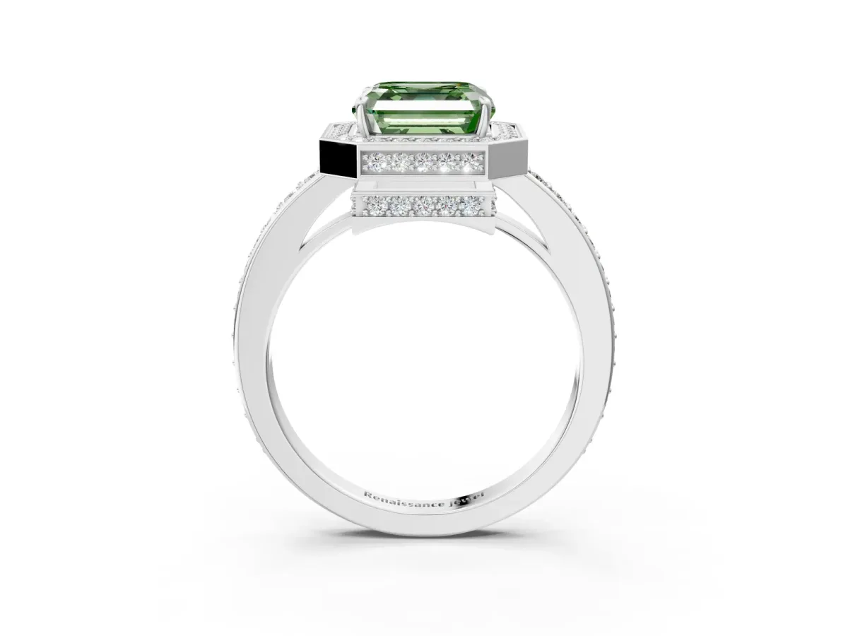 Fancy Green Asscher Cut Halo Pave Band Solitaire Ring with Prong Setting Platinum