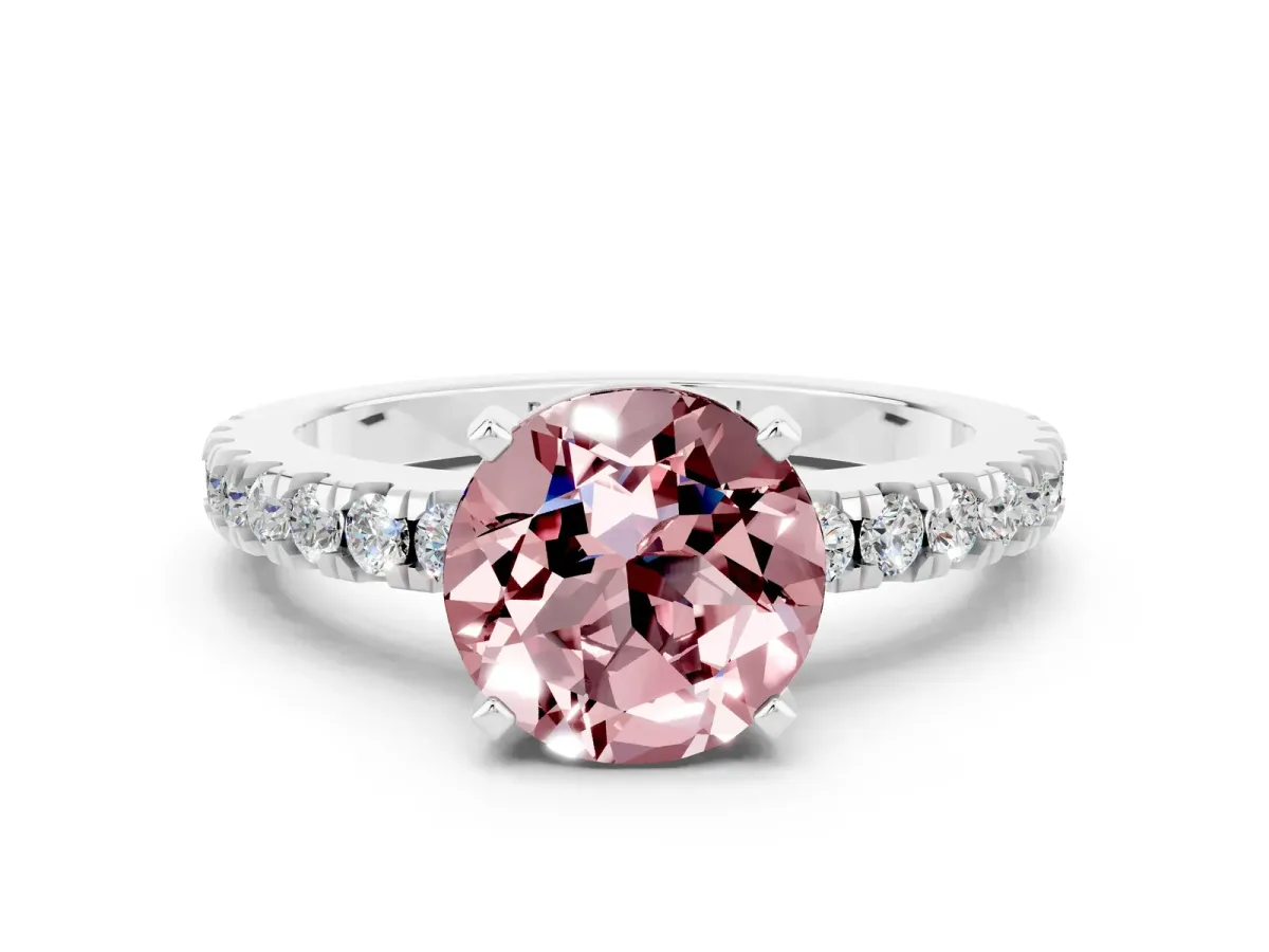 Round Cut Solitaire Morganite with Pavé Band and Four-Prong Setting Silver