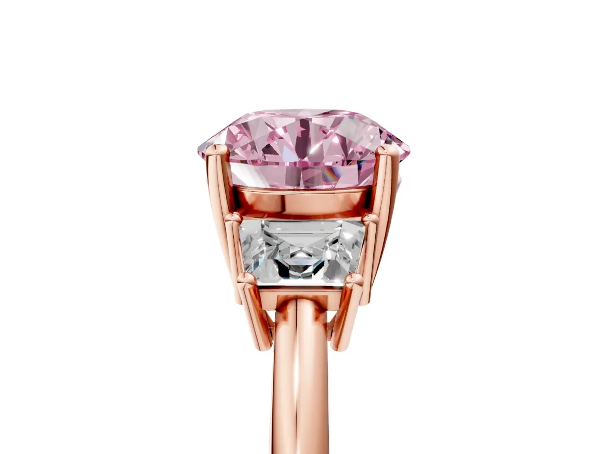 Fancy Pink Round Cut Diamond Three-Stone Ring with Trapezoid Side Stones and Prong Setting Rose gold