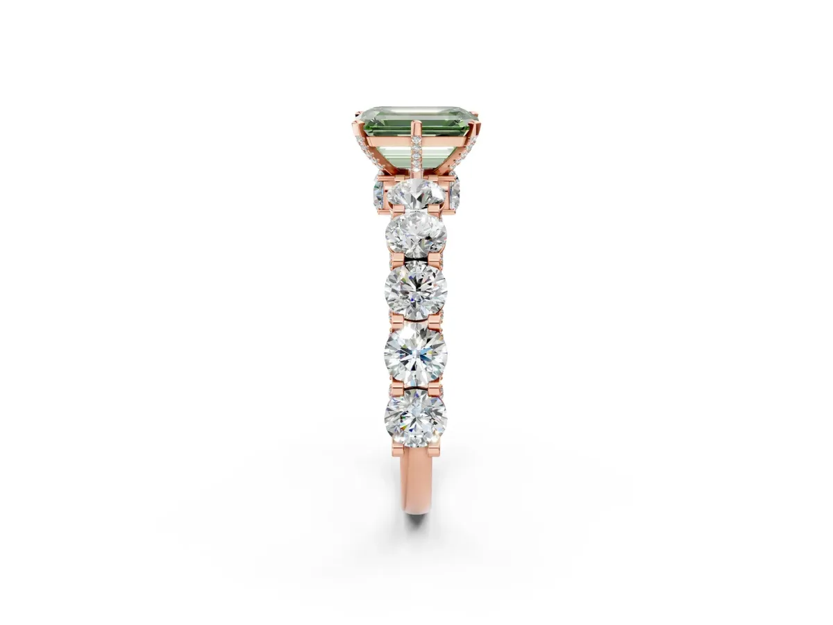 Fancy Green Emerald Cut Diamond Side Stone Engagement Ring with Four-Prong Setting Rose gold