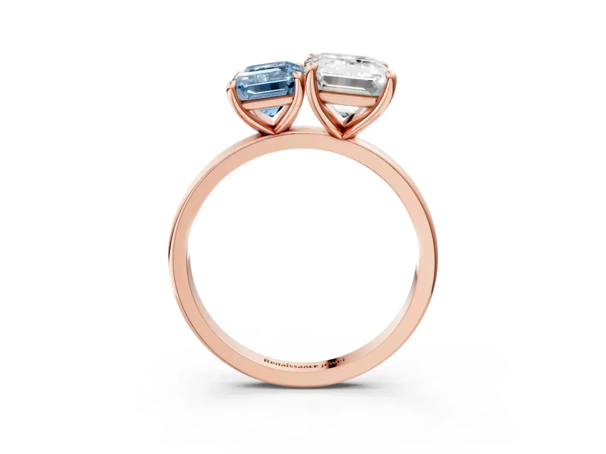 Fancy Blue Emerald Cut and Emerald Cut Toi Moi Ring with Prong Setting Rose gold