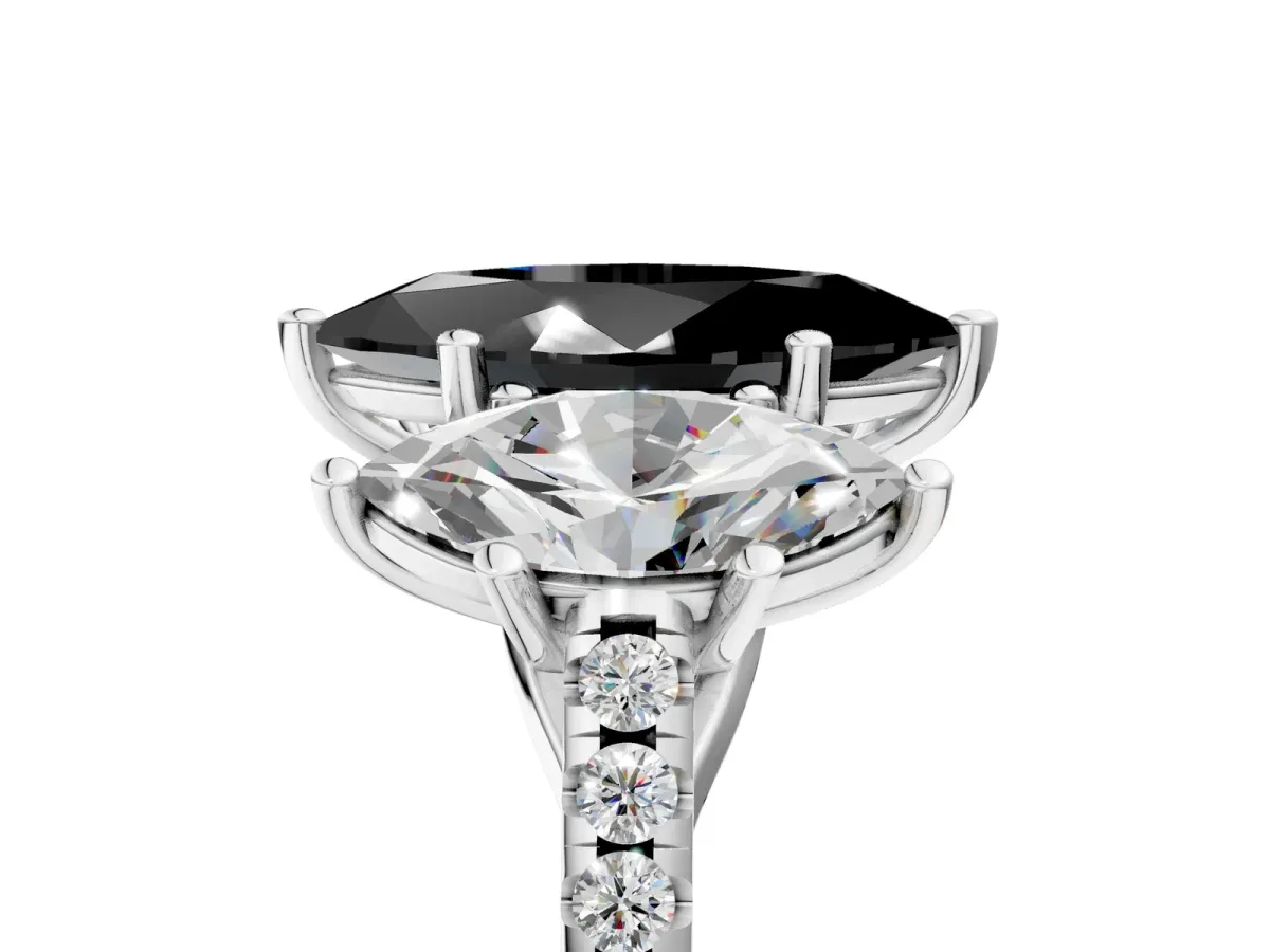 Fancy Black Three-Stone Marquise Cut Diamond Ring with Round Pavé Band and Prong Setting Silver