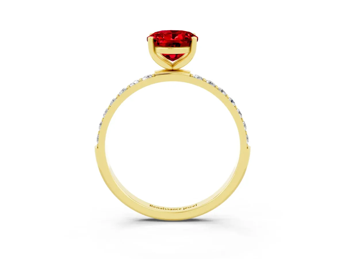 Oval Cut Ruby Solitaire Ring with Round Pavé Band and Prong Setting Yellow gold