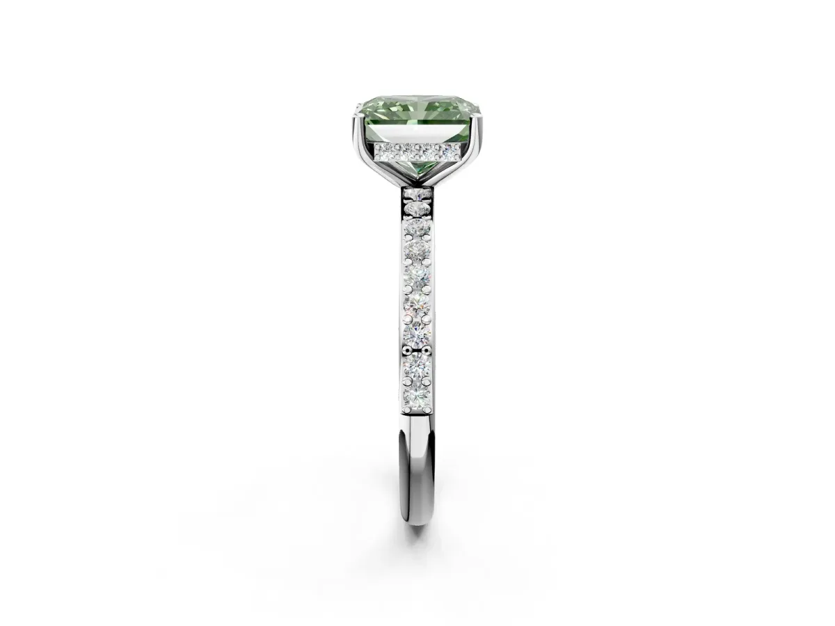 Fancy Green Radiant Cut Cut Diamond Pavé Band Ring with Four-Prong Setting Platinum