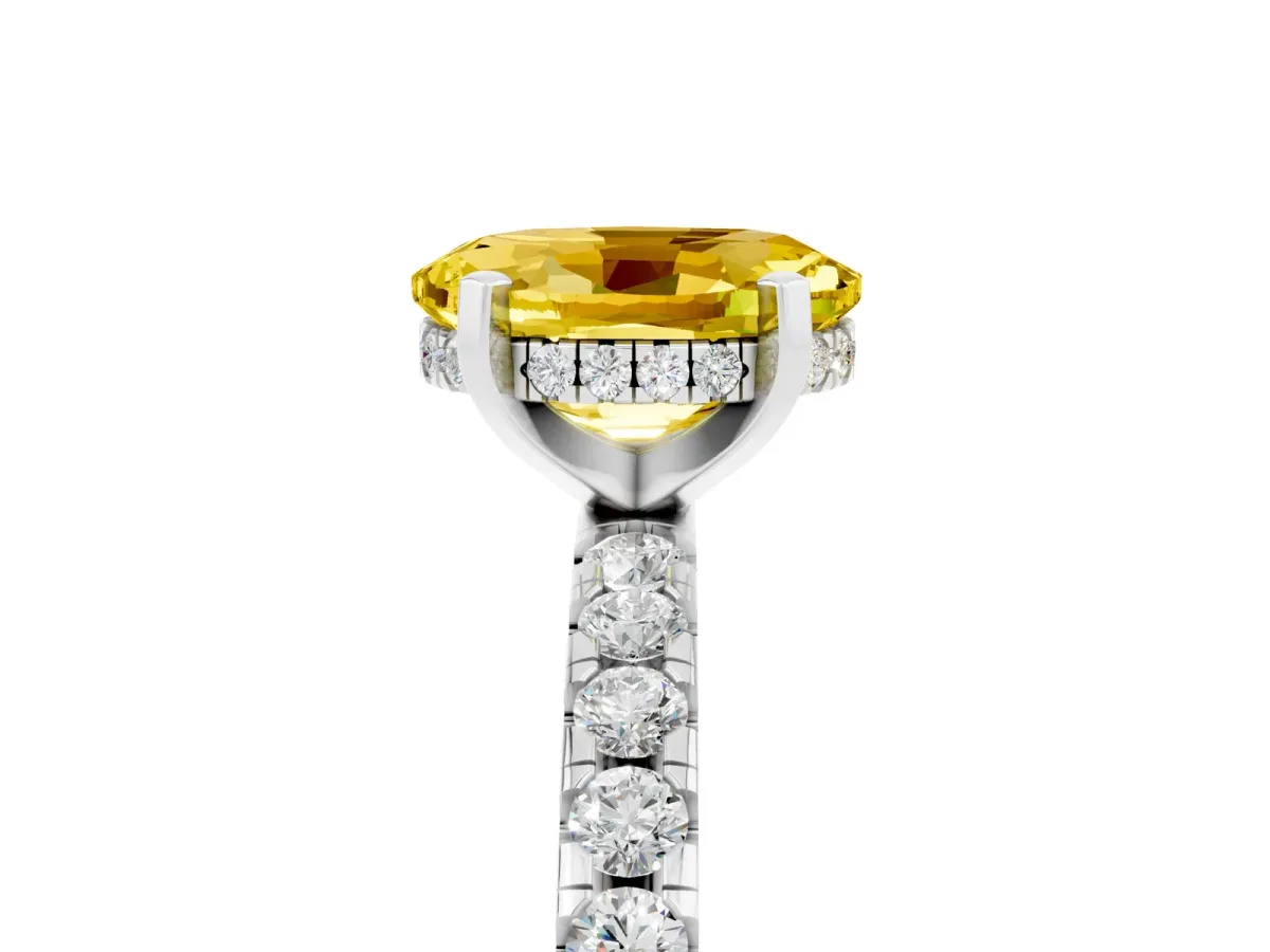 Oval Cut Yellow Sapphire Solitaire Ring with Round Pavé Band and Four-Prong Setting Silver