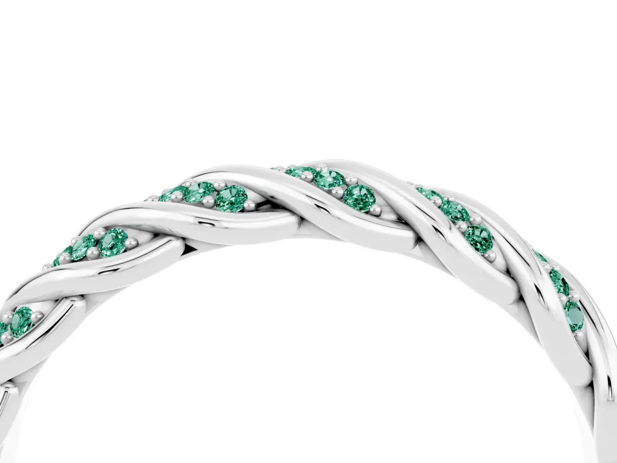 Twisted Pavé Round Green Sapphire Eternity Band with Shared Prong Setting Silver