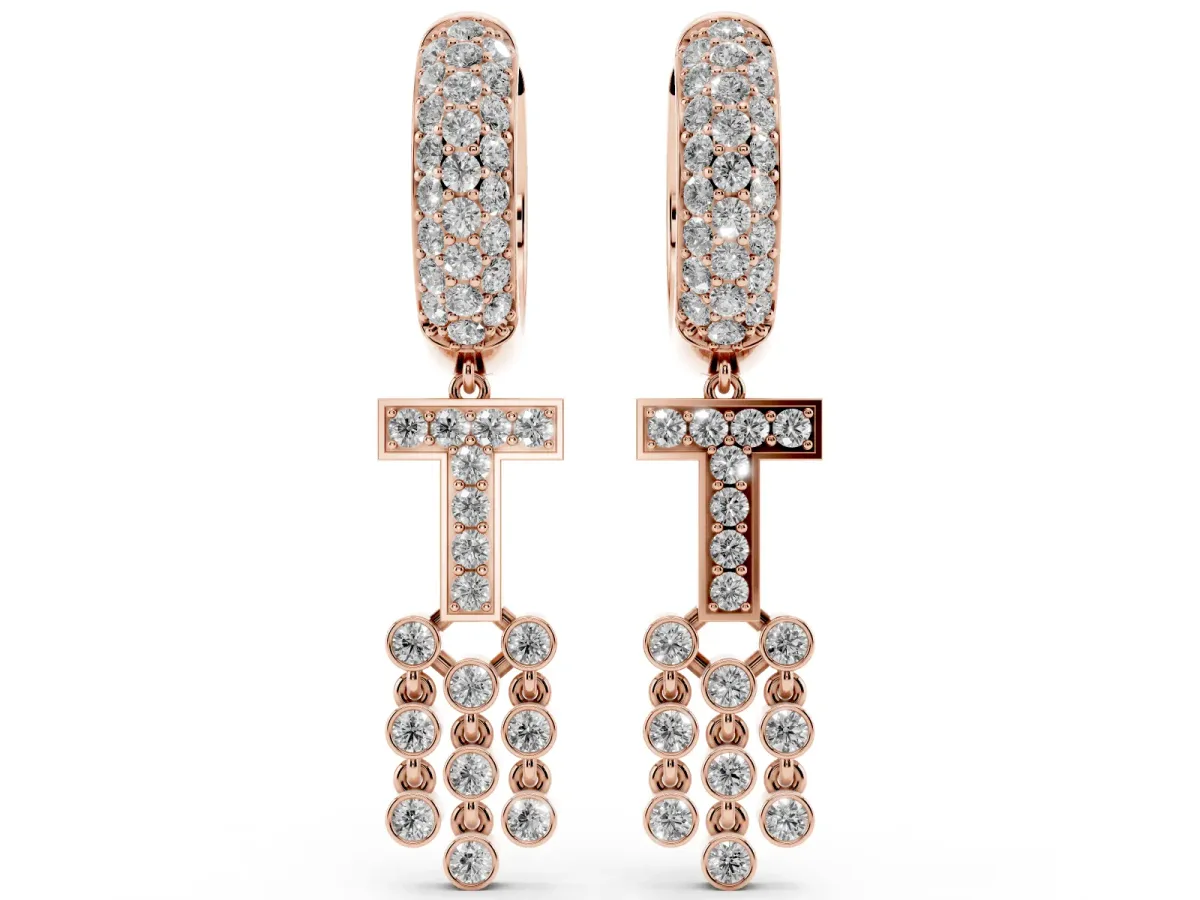 Round Diamond Initial T Huggie Hoop Earrings Rose gold