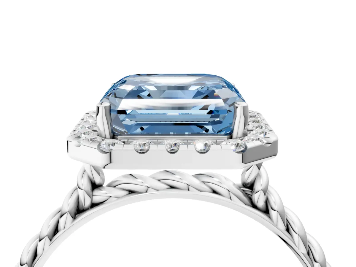 Fancy Blue Asscher Cut Halo Twisted Band Four-Prong Diamond Ring Platinum