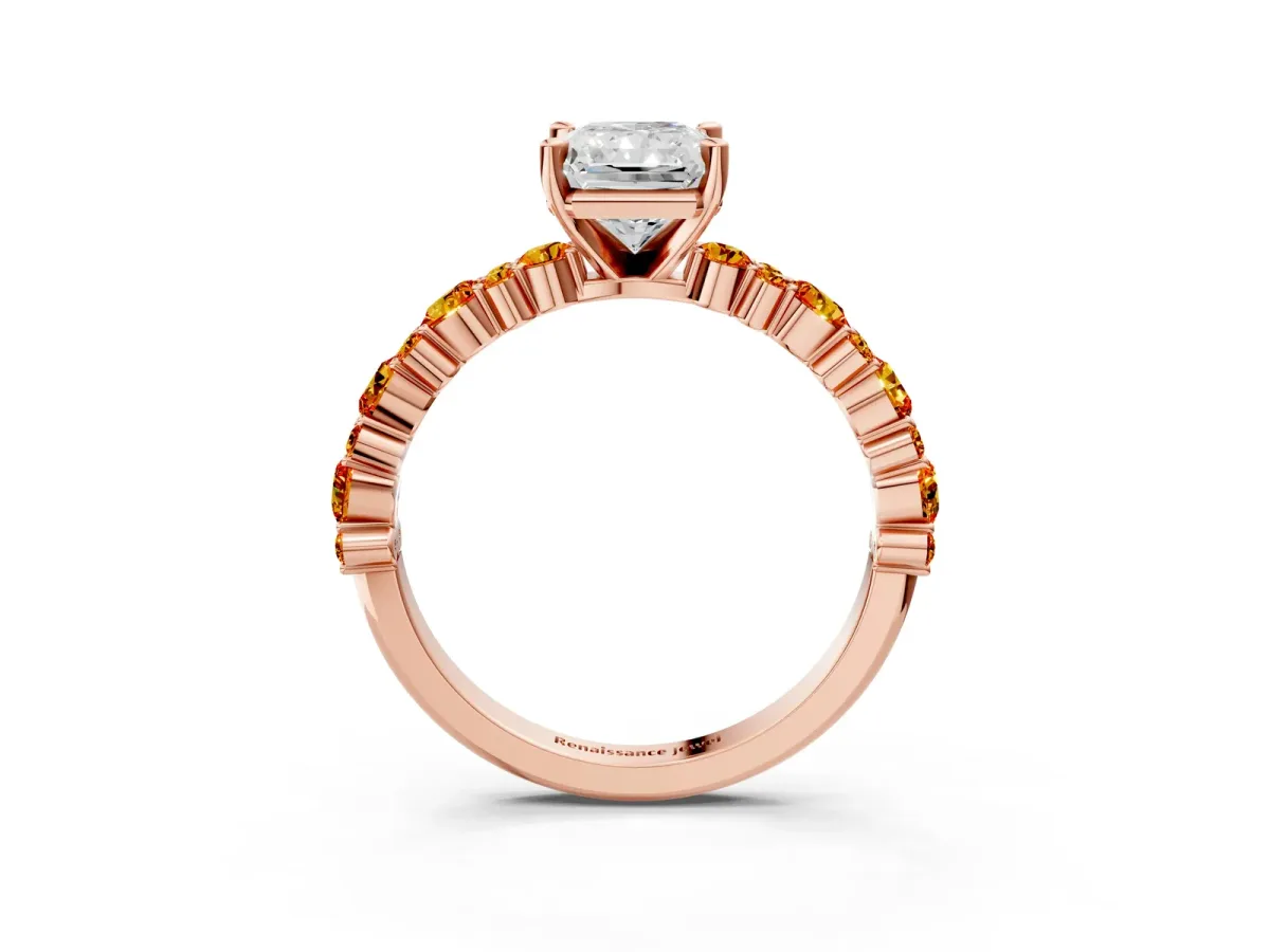 Radiant Cut Diamond Side Stone Solitaire Ring with Round Citrine and Four-Prong Setting Rose gold