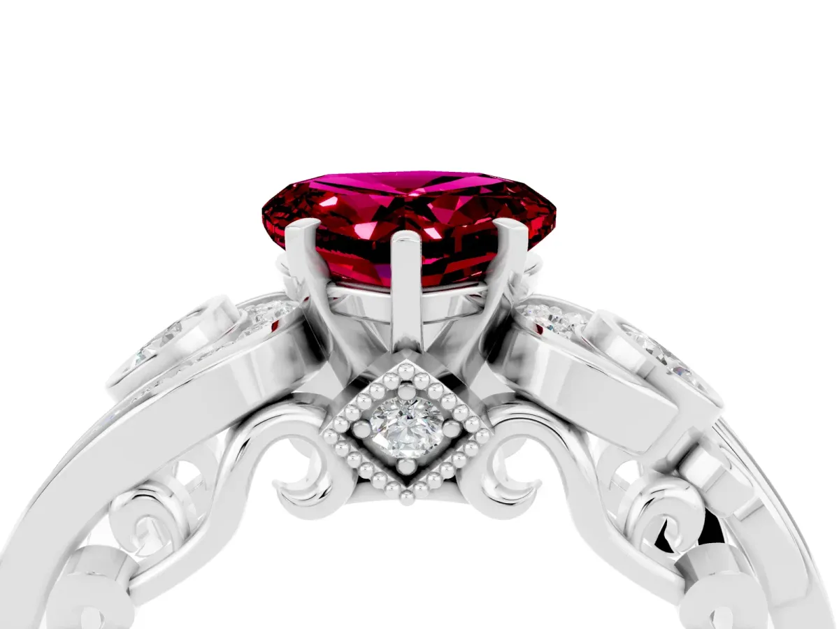 Heart Cut Garnet Solitaire Ring with Milgrain Pavé Band and Four-Prong Setting Silver