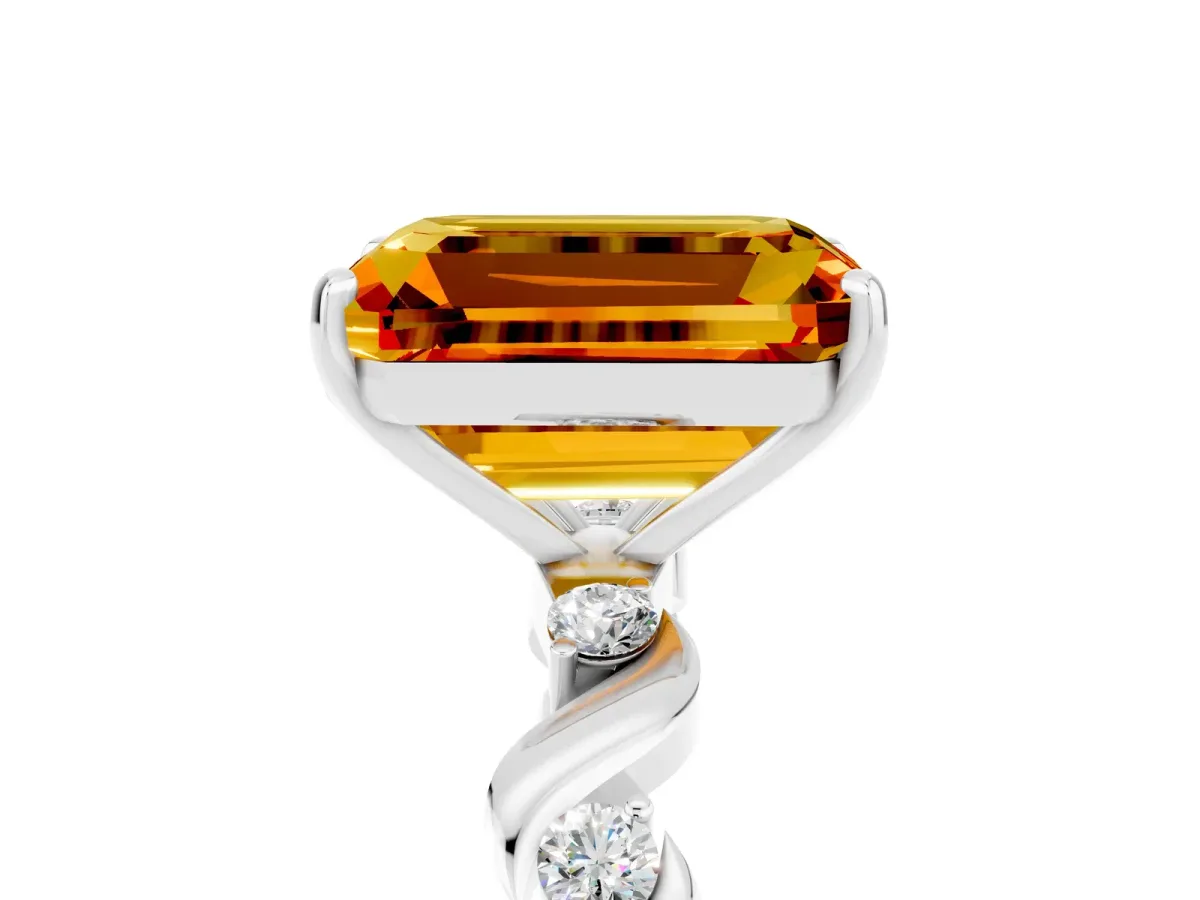 Emerald Cut Citrine Solitaire Twisted Band with Round Accents and Prong Setting Silver