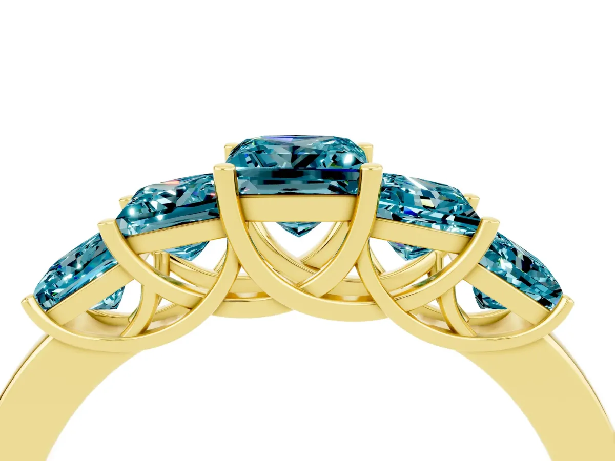 Princess Cut Five-Stone Blue Topaz Ring with Classic Prong Setting Yellow gold