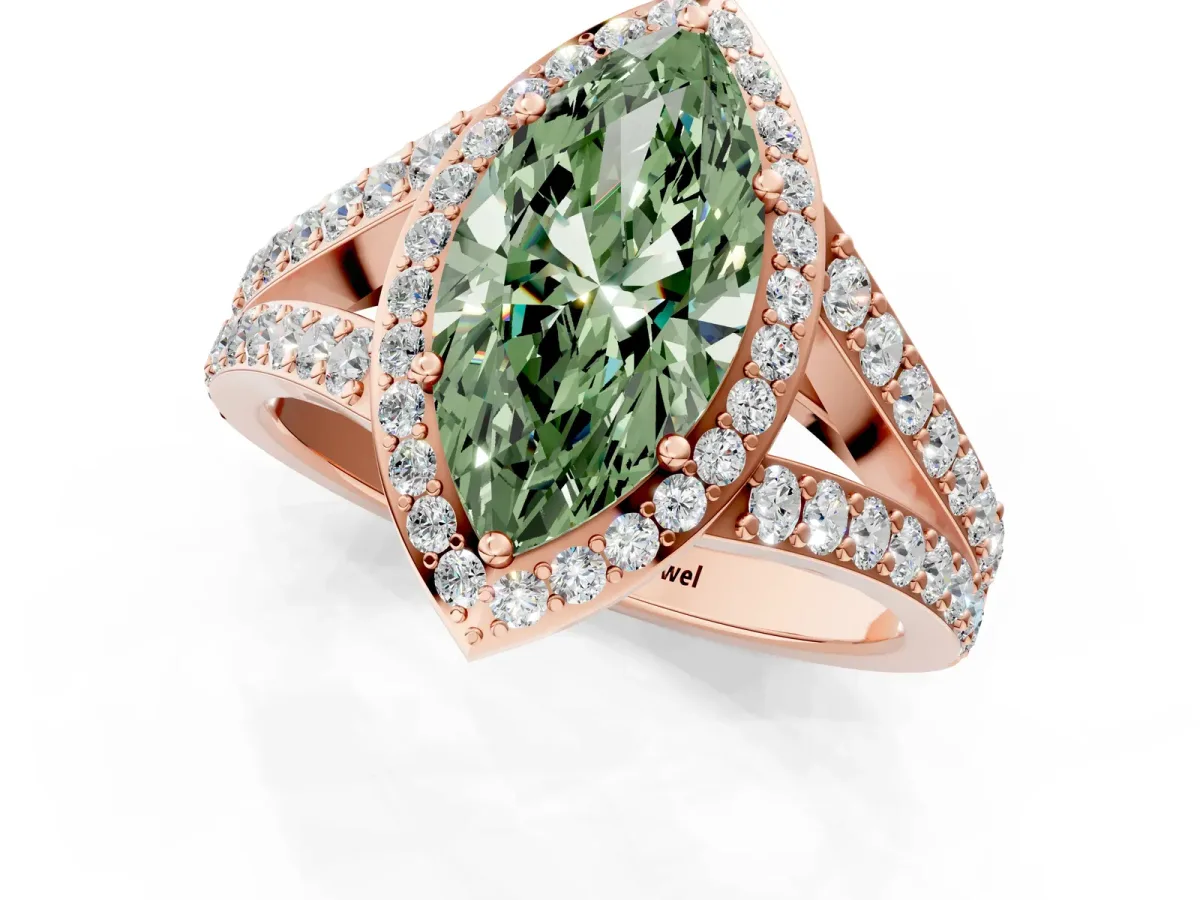Fancy Green Marquise Cut Diamond Split Shank Halo Ring with Four-Prong Setting Rose gold