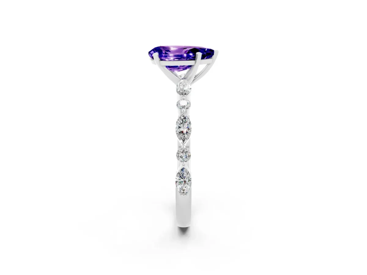 Pear Cut Tanzanite Ring with Marquise and Round Side Stones and Four-Prong Setting Silver