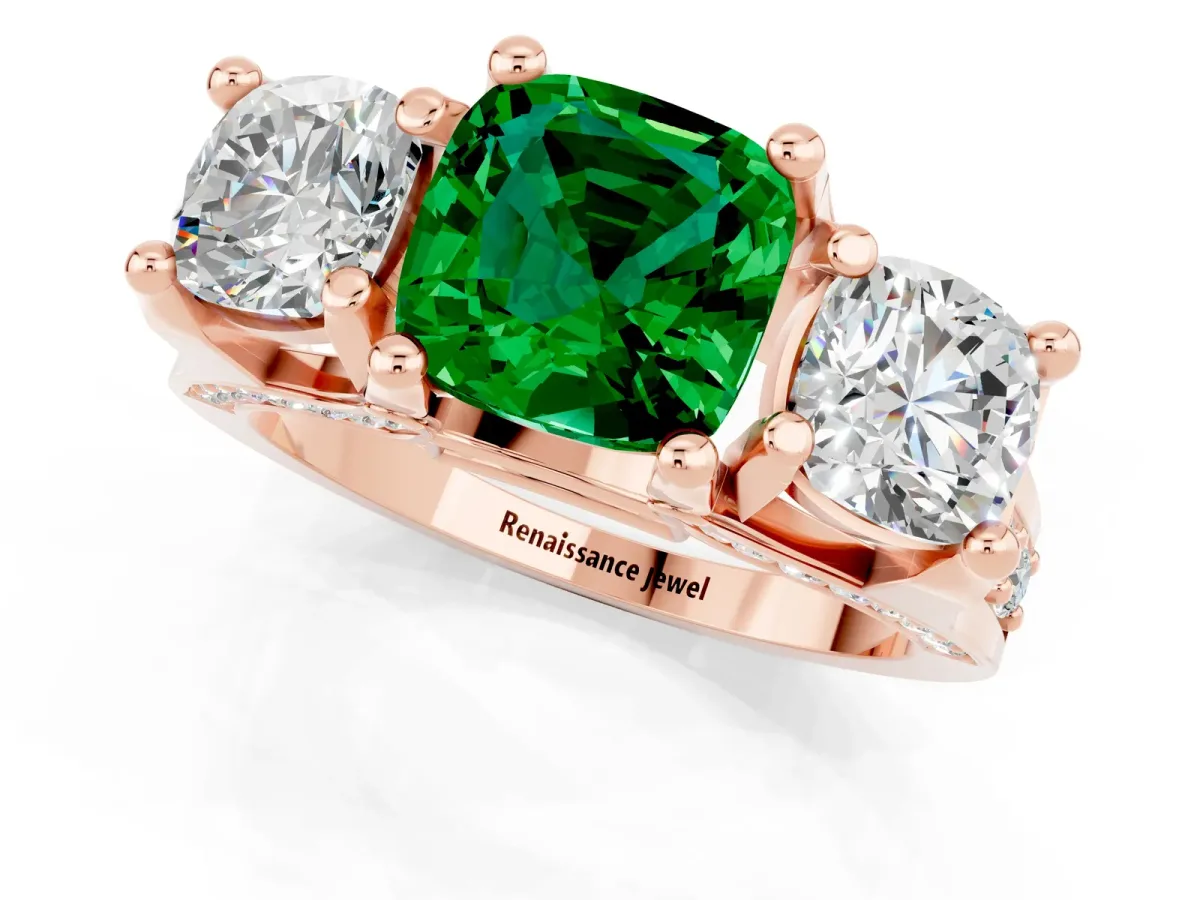 Cushion Cut Emerald Three-Stone Ring with Channel Set Band and Four-Prong Setting Rose gold