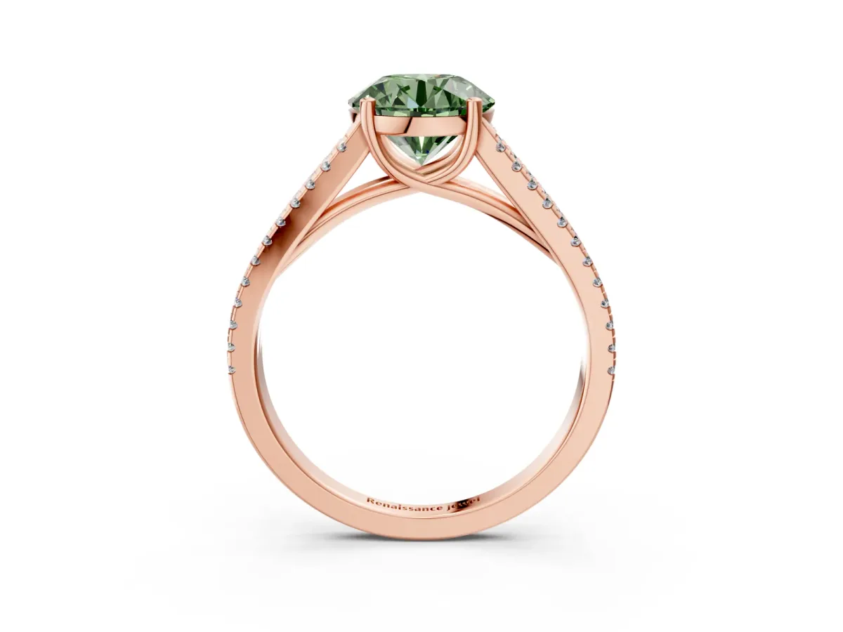Fancy Green Round Cut Diamond Solitaire Engagement Ring with Split Shank Pavé Band Rose gold