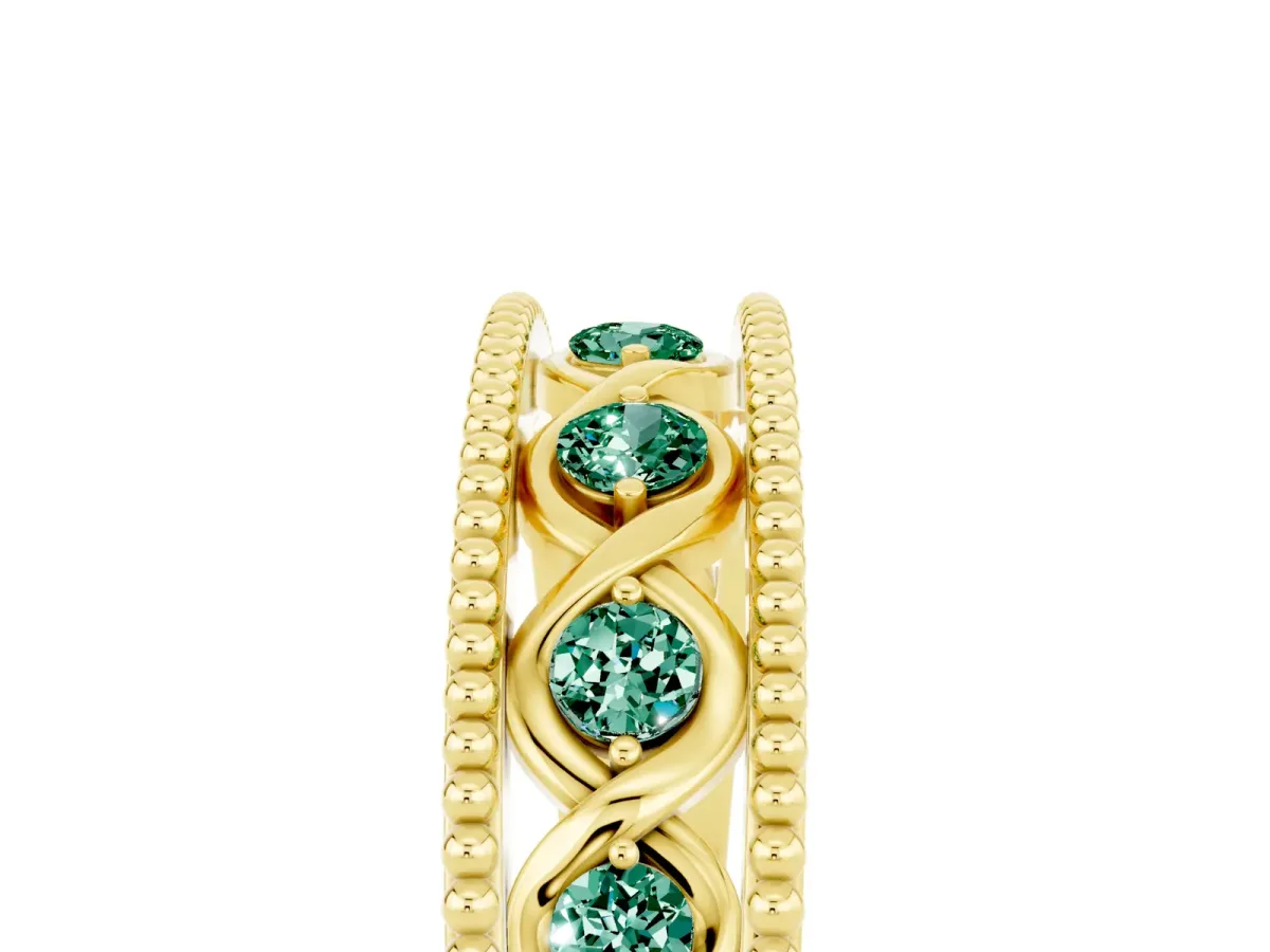 Round Green Sapphire Twist Milgrain Band with Bezel Setting Yellow gold