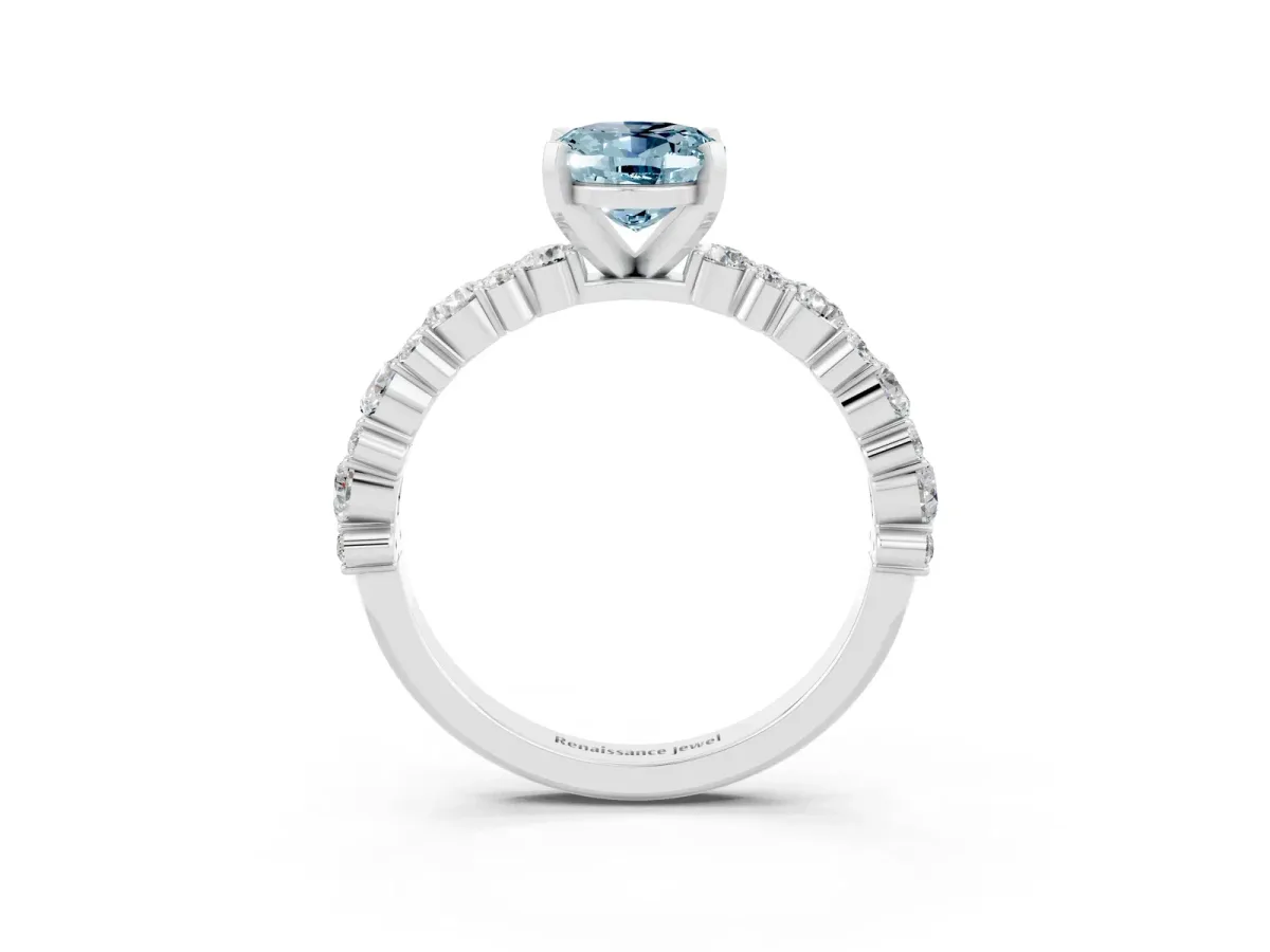 Oval Cut Aquamarine Side Stone Solitaire Ring with Round and Four-Prong Setting Silver