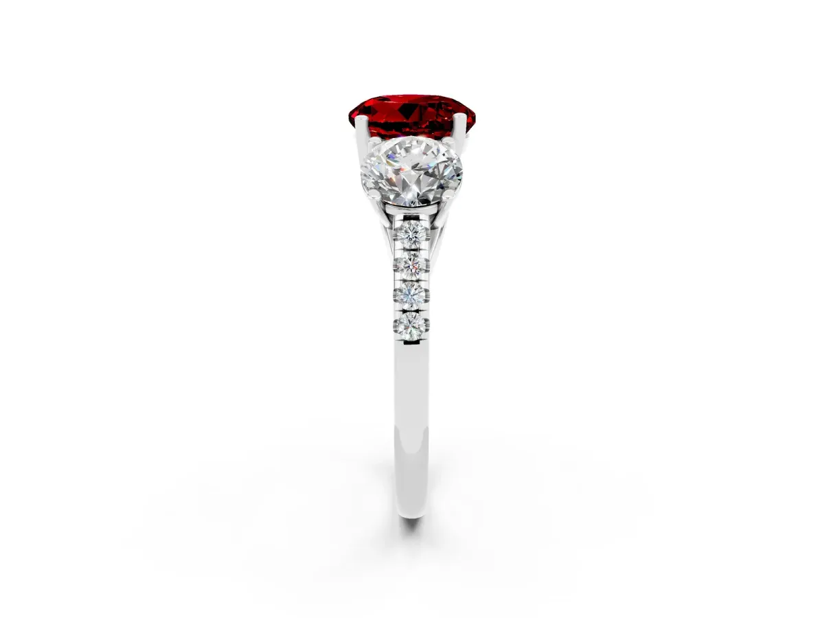 Three-Stone Round Cut Ruby Ring with Round Pavé Band and Prong Setting Platinum