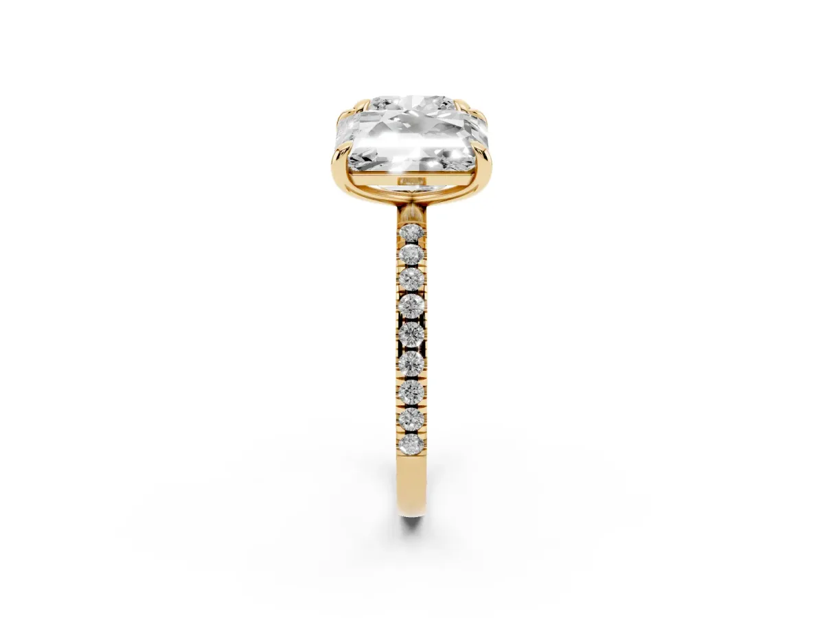 Cushion and Emerald Toi Moi Ring with Prong Setting and Micro Pave Band Yellow gold