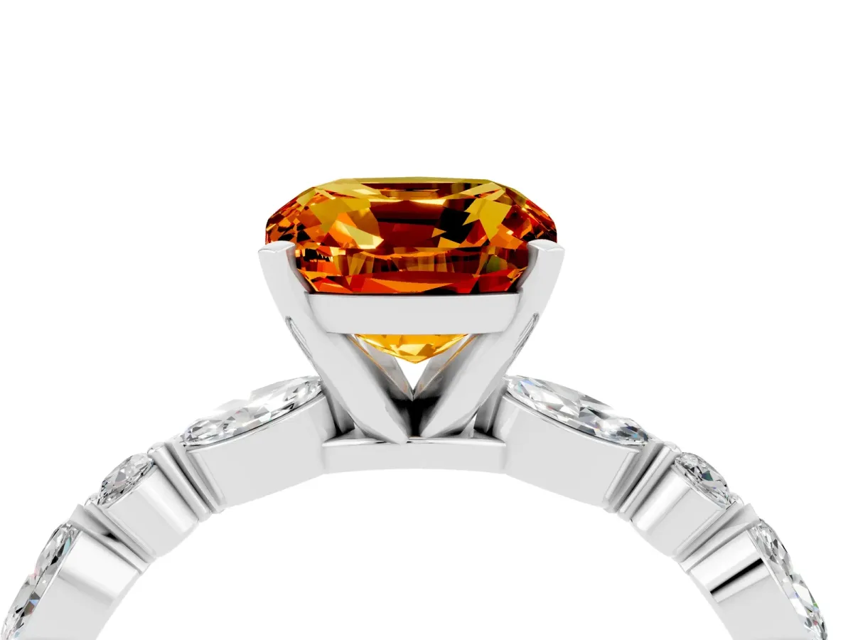 Cushion Cut Citrine Ring with Marquise and Round Side Stones and Four-Prong Setting Silver