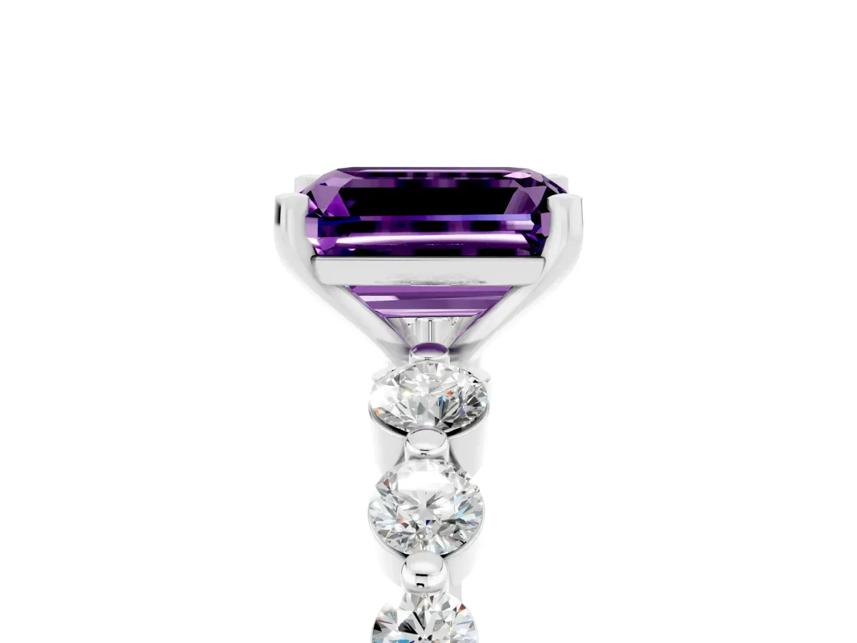 Emerald Cut Solitaire Amethyst Ring with Pave Band and Four-Prong Setting Platinum