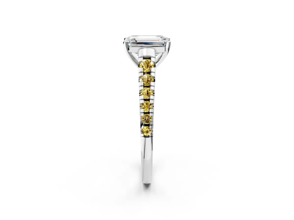 Emerald Cut Diamond Cathedral Solitaire Ring with Round Yellow Sapphire Pavé Band Silver