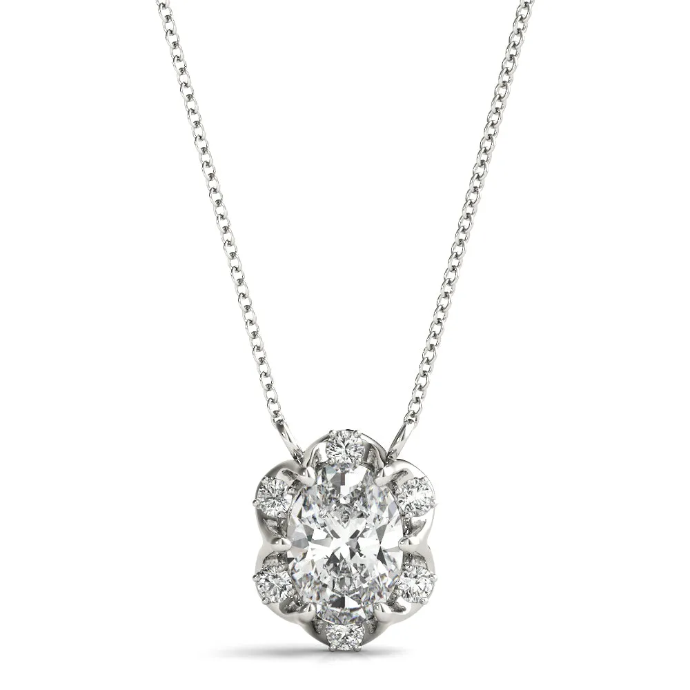 Oval Diamond Halo Pendant with Prong Setting Silver