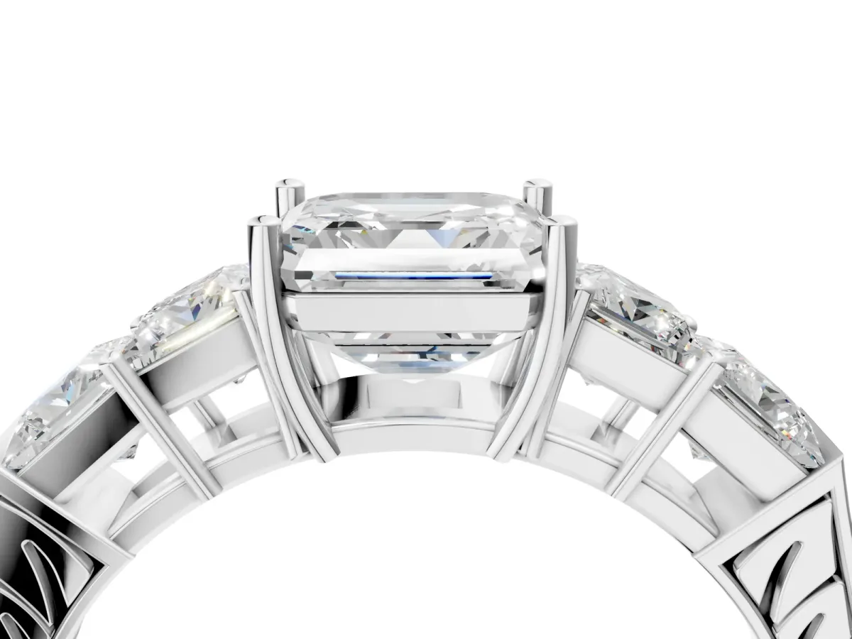 Round Cut Solitaire Princess Side Stone Engraved Band Prong Setting Ring Silver
