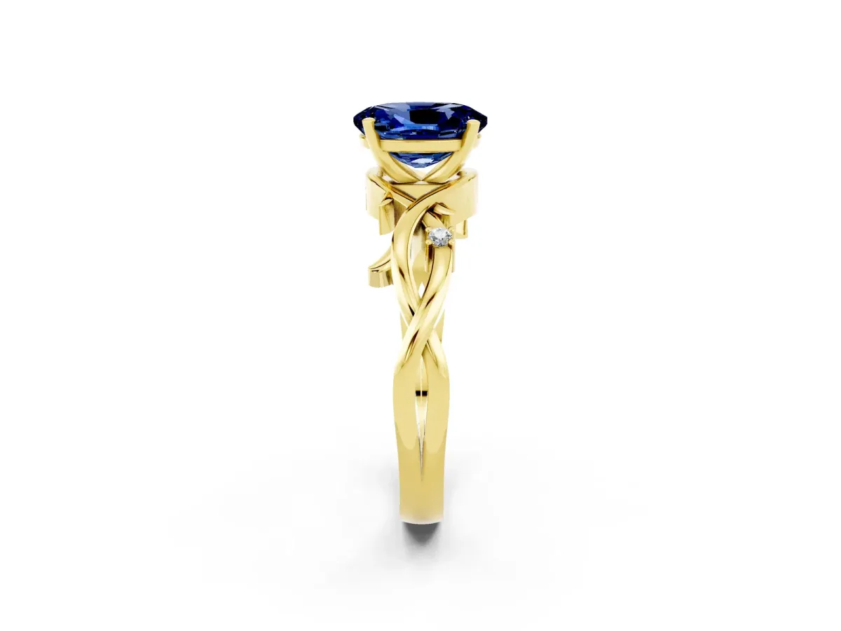 Oval Cut Blue Sapphire Solitaire Ring with Twisted Band and Prong Setting Yellow gold