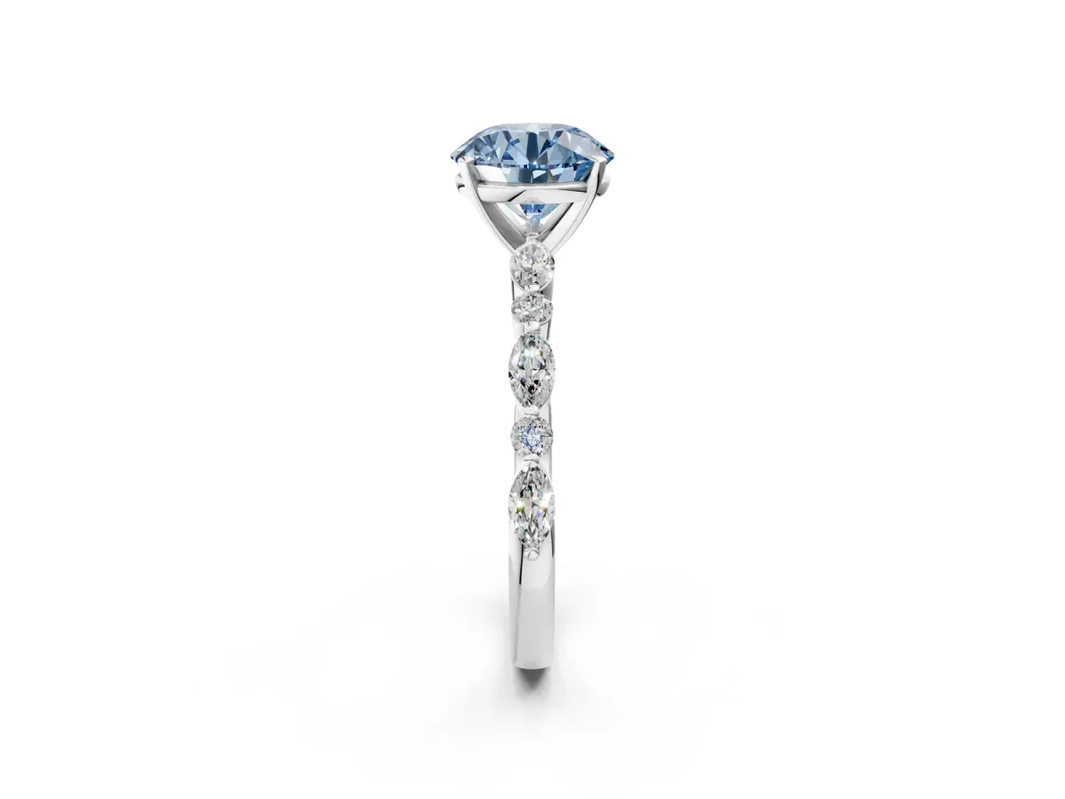 Fancy Blue Round Cut Diamond Ring with Marquise and Round Side Stones and Four-Prong Setting Silver