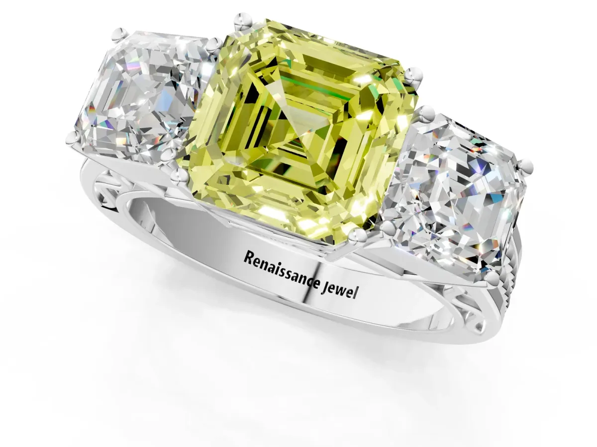 Fancy Yellow Asscher Cut Diamond Three-Stone Ring with Prong Setting and Textured Band Platinum
