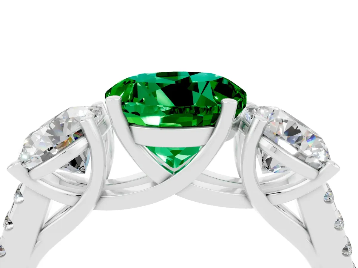 Three-Stone Round Cut Emerald Ring with Round Pavé Band and Prong Setting Silver