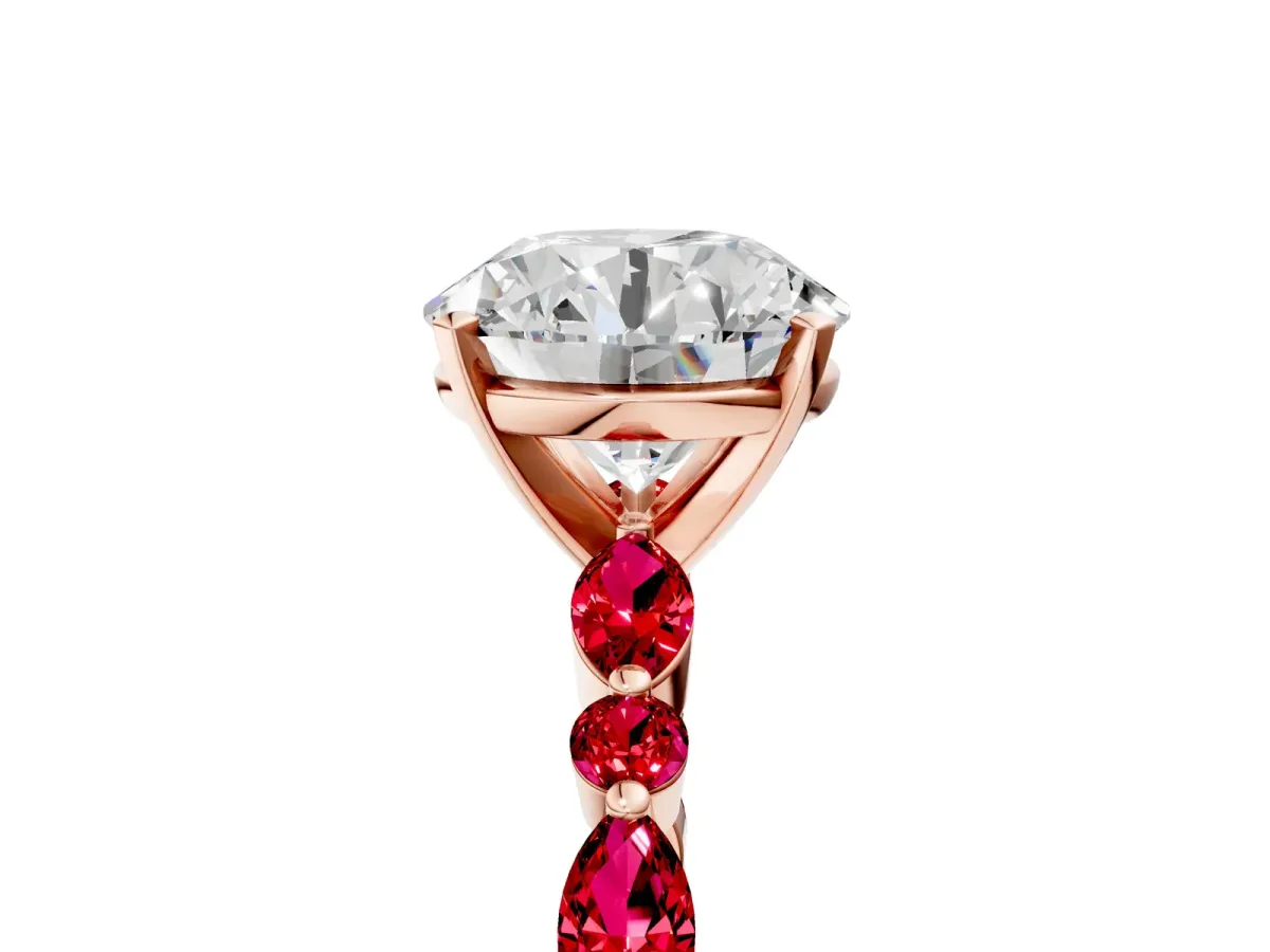 Round Cut Diamond Ring with Marquise and Round Ruby Side Stones and Four-Prong Setting Rose gold